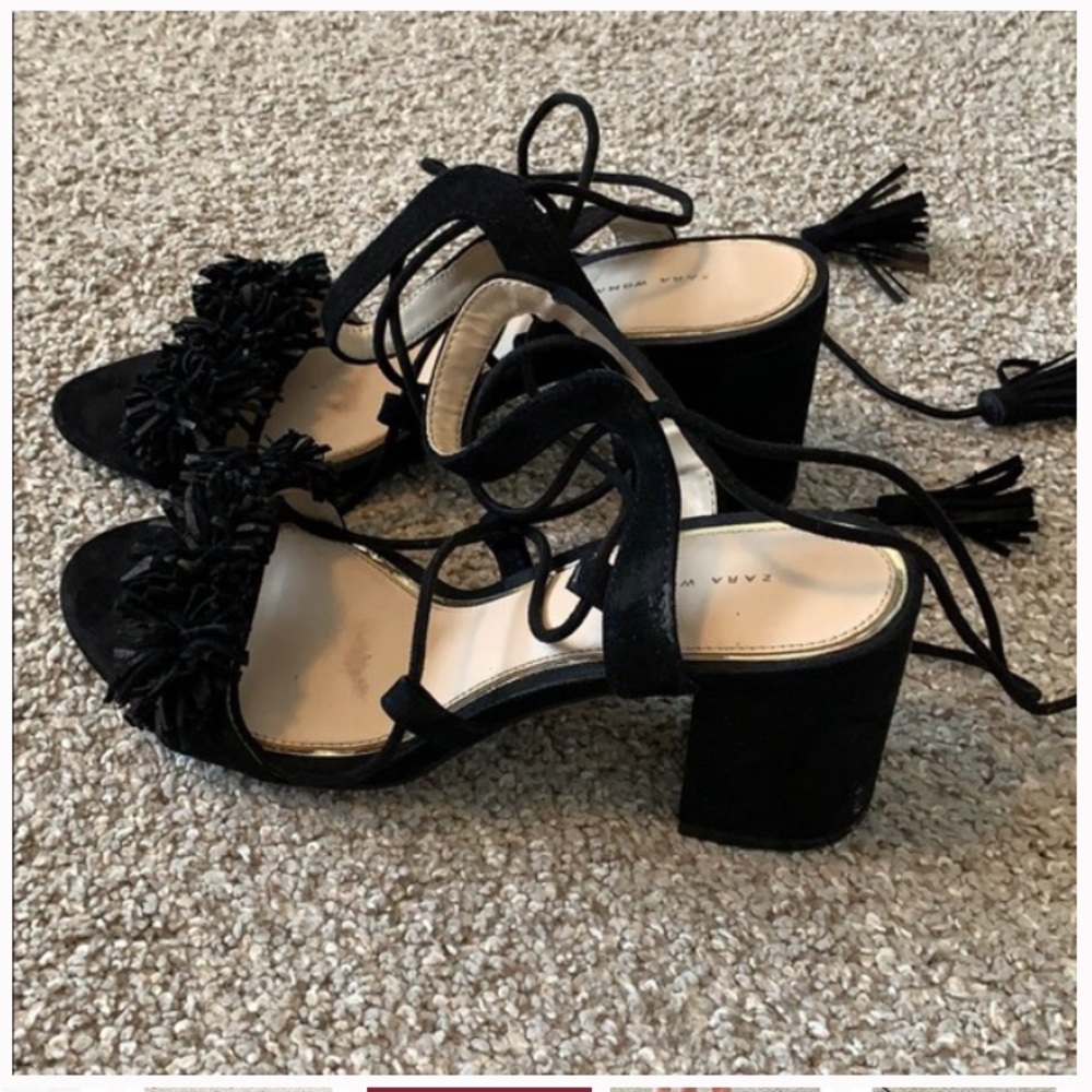 Zara Leather Lace Up Sandals With Chunky Heel - Picture 3 of 10